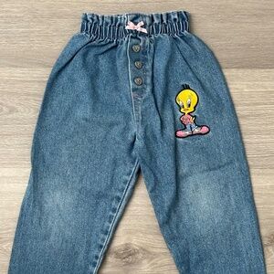 VINTAGE Looney Tunes TWEETY BIRD Girls Denim Jeans Y2K 1995 Embroidered Jeans 3